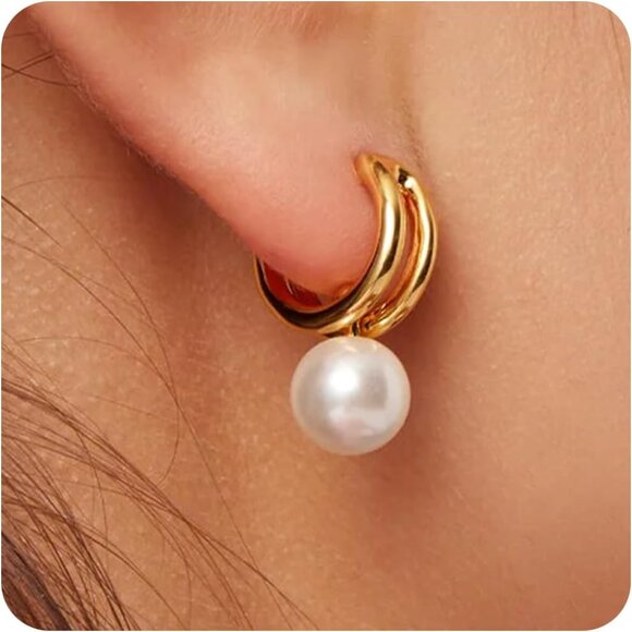 Trendy 14k Gold Plated Dainty Freshwater Pearl  Small Hoop Drop Dangle Earring - Picture 1 of 9